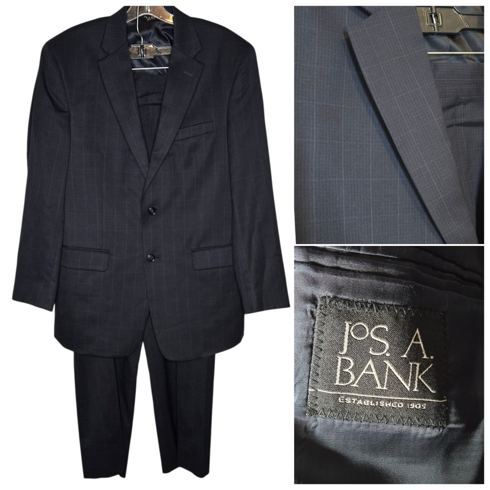 Jos. A. Bank Suit 41R 35W Charcoal Gray Plaid Windowpane 100% Wool 2 Button Mens